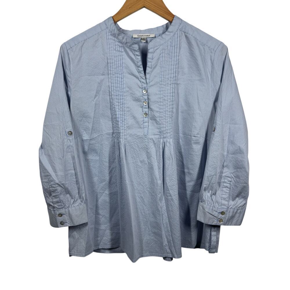 Quintessential‎ Women's XL Blue White Striped Pintucked 3/4 Sleeve Peasant Top